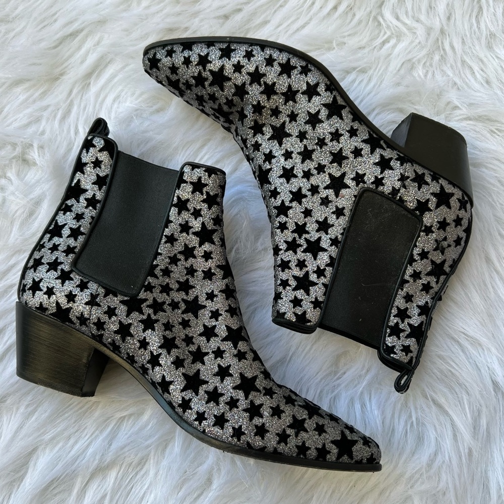 Saint Laurent Glitter Star Print Ankle Boots Almond Toe Size 39.5